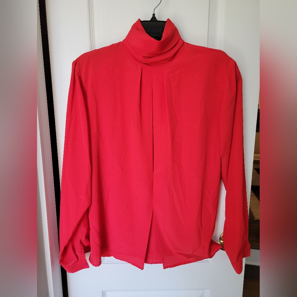 Vintage 80s Christian Dior Red Mock Neck Pleated Blouse Button Back Secretary 6